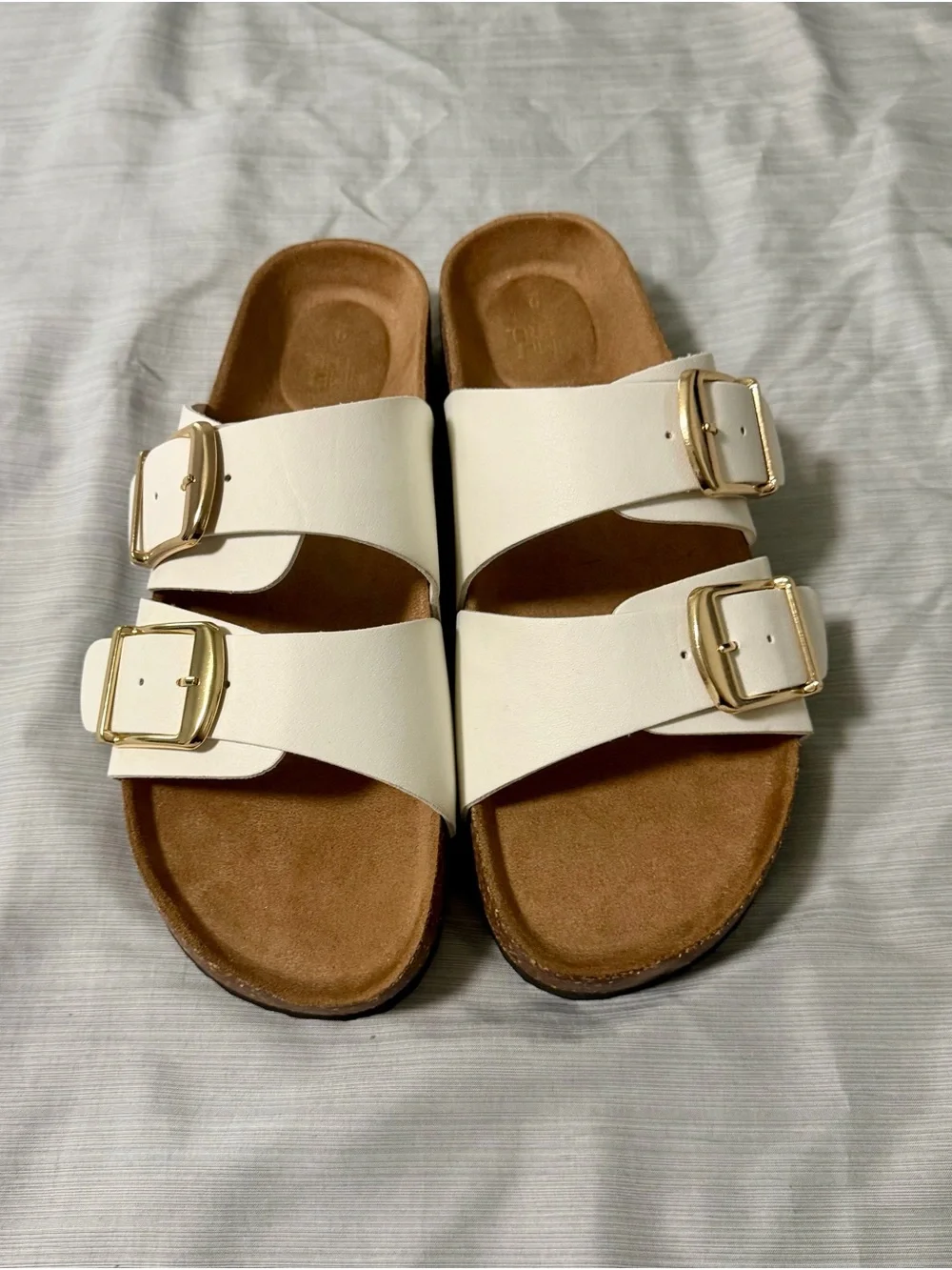Time and Tru White Double Buckle Slide Sandals with Gold Buckles